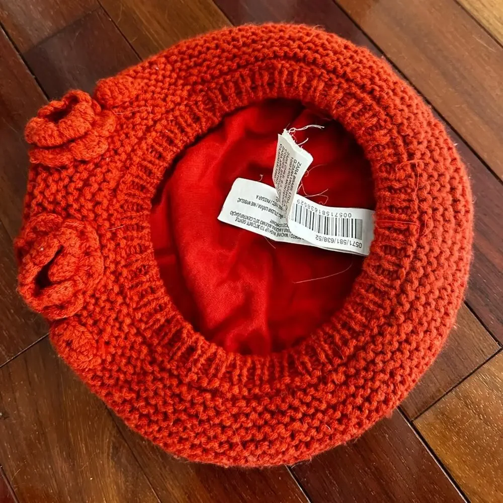 Zara Kids Girls French Beret Knit Fall Rust Orange Hat Rosettes Madeline